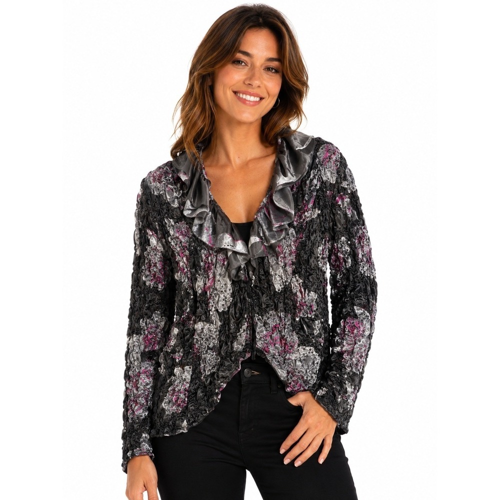 Cachet XL Sequin Ruffle Blouse Black Pink‎ Floral Evening Top